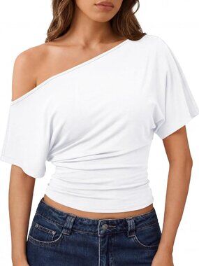 ✨Women White Off Shoulder Asymmetrical Short Sleeve Cinched Waist Crop Top